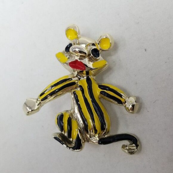 Vintage Black and Yellow Striped Enamel Animal Brooch, Ears Tail Mouse Bear - Picture 2 of 6